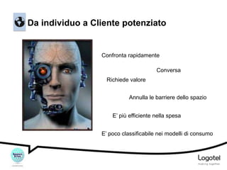 Da individuo a Cliente potenziato

Confronta rapidamente

Conversa
Richiede valore
Annulla le barriere dello spazio
E’ più efficiente nella spesa
E’ poco classificabile nei modelli di consumo

 