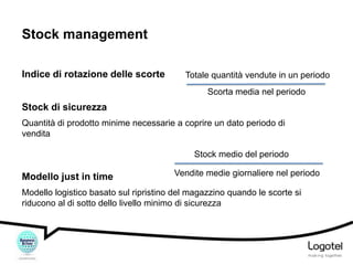 Stock management
Indice di rotazione delle scorte

Totale quantità vendute in un periodo
Scorta media nel periodo

Stock di sicurezza
Quantità di prodotto minime necessarie a coprire un dato periodo di
vendita
Stock medio del periodo

Modello just in time

Vendite medie giornaliere nel periodo

Modello logistico basato sul ripristino del magazzino quando le scorte si
riducono al di sotto dello livello minimo di sicurezza

 