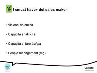 I «must have» del sales maker

• Visione sistemica

• Capacità analitiche
• Capacità di fare insight
• People management (mg)

 