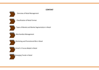 CONTENT
Overview of Retail Management
Classification of Retail Format
Types of Market and Market Segmentation in Retail
Merchandise Management
Marketing and Promotional Mix in Retail
Portal’s 5 Forces Model in Retail
Emerging Trends in Retail
 
