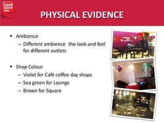 PHYSICAL EVIDENCE
 Ambience
– Different ambience the look and feel
for different outlets
 Shop Colour
– Violet for Café coffee day shops
– Sea green for Lounge
– Brown for Square
 