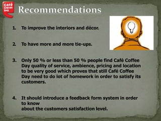 1. To improve the interiors and décor.
2. To have more and more tie-ups.
3. Only 50 % or less than 50 % people find Café Coffee
Day quality of service, ambience, pricing and location
to be very good which proves that still Café Coffee
Day need to do lot of homework in order to satisfy its
customers.
4. It should introduce a feedback form system in order
to know
about the customers satisfaction level.
 