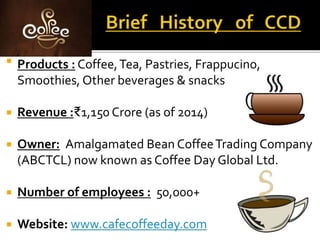  Products : Coffee,Tea, Pastries, Frappucino,
Smoothies, Other beverages & snacks
 Revenue :₹1,150 Crore (as of 2014)
 Owner: Amalgamated Bean CoffeeTrading Company
(ABCTCL) now known as Coffee Day Global Ltd.
 Number of employees : 50,000+
 Website: www.cafecoffeeday.com
 