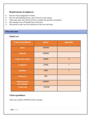 20 | P a g e
Requirements of employees
 One for stock management of items
 One for cash handling the one who will seat at cash counter
 Three sales girls who will be on floor to explain the specialty of products
 One manager who will handle the overall store
 One person to take care the cleanliness of the store and items
Initial cost
Cost of products price quantity
Rent 100000
Deposit 100000
Table and chairs 20000 4
computer 25000 1
landline 3000 1
stationery 500
Maintenance
cost+labour
100000
Total cost 348500
Total expenditure
Total cost would be 348500 for first 2 months.
Financial plan
 