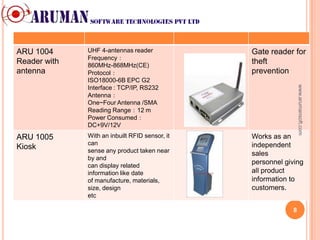 ARU 1004      UHF 4-antennas reader             Gate reader for
              Frequency：
Reader with   860MHz-868MHz(CE)
                                                theft
antenna       Protocol：                         prevention
              ISO18000-6B EPC G2




                                                                www.arumansoft.com
              Interface : TCP/IP, RS232
              Antenna：
              One~Four Antenna /SMA
              Reading Range：12 m
              Power Consumed：
              DC+9V/12V
ARU 1005      With an inbuilt RFID sensor, it   Works as an
              can                               independent
Kiosk         sense any product taken near      sales
              by and
              can display related
                                                personnel giving
              information like date             all product
              of manufacture, materials,        information to
              size, design                      customers.
              etc

                                                            8
 