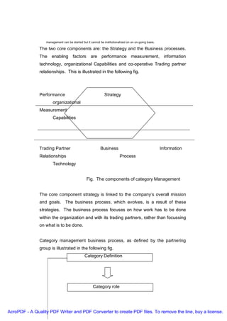 management can be started but it cannot be institutionalized on an on-going basis.

               The two core components are: the Strategy and the Business processes.
               The    enabling        factors are          performance measurement, information
               technology, organizational Capabilities and co-operative Trading partner
               relationships. This is illustrated in the following fig.




               Performance                                    Strategy
                       organizational
               Measurement
                       Capabilities




               Trading Partner                             Business                                    Information
               Relationships                                             Process
                       Technology


                                                Fig. The components of category Management


               The core component strategy is linked to the company’s overall mission
               and goals. The business process, which evolves, is a result of these
               strategies. The business process focuses on how work has to be done
               within the organization and with its trading partners, rather than focussing
               on what is to be done.


               Category management business process, as defined by the partnering
               group is illustrated in the following fig.
                                               Category Definition




                                                     Category role




AcroPDF - A Quality PDF Writer and PDF Converter to create PDF files. To remove the line, buy a license.
 
