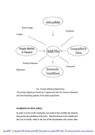 Brand image
                                                                               Customer
               Loyalty




                         Product Features
                                                                               Consumer
               Behaviour




                                        Fig. Factors Affecting Retail Price
               The pricing objectives should be in agreement with the mission statement
               and merchandising policies of the retail organization.




               ELEMENTS OF RETIL PRICE:

               In order to arrive at the retail price, one needs to first consider the elements
               that go into the calculation of the price. The first element to be considered is
               the Cost of Goods, which is the cost of the merchandise and various other




AcroPDF - A Quality PDF Writer and PDF Converter to create PDF files. To remove the line, buy a license.
 