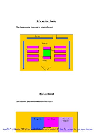 Grid pattern layout

               The diagram below shows a grid pattern of layout




                                       Storage



                                                  Counters



                           Tables and shelves                   Tables and shelves



                                                  Display

                                                   Doors




                                                Boutique layout


               The following diagram shows the boutique layout




                                      Lingerie              Jewellery          Formal
                                                                               Apparel



                                                   Fragrances
AcroPDF - A Quality PDF Writer and PDF Converter to create PDF files. To remove the line, buy a license.
 