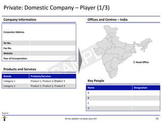 Private: Domestic Company – Player (1/3)
 Company Information                                                            Offices and Centres – India 


 Corporate Address



 Tel No.
 Fax No.
 Website
 Year of Incorporation
                                                                                                                Head Office

 Products and Services
 Products and Services
 Brands                  Products/Services
 Category 1              Product 1, Product 2, Product 3                         Key People
 Category 2
     g y                 Product 1, Product 2, Product 3
                                  ,          ,
                                                                                 Name
                                                                                 N                             Designation
                                                                                                               D i ti
                                                                                 A
                                                                                 B
                                                                                 C
                                                                                 D
Source:

                                                           RETAIL MARKET IN INDIA 2012.PPT                                    10
 