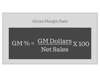 Gross Margin Rate
GM % = GM Dollars
Net Sales
X 100
 