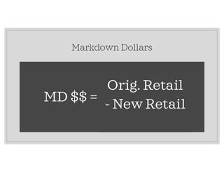 Markdown Dollars
MD $$ =
Orig. Retail
- New Retail
 