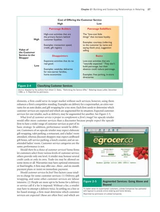 Chapter 2 | Building and Sustaining Relationships in Retailing   27



                                                Cost of Offering the Customer Service
                                                High                                           Low

                                      Patronage Builders                            Patronage Solidifiers

                               High-cost activities that are                  The “low-cost little
                               the primary factors behind                     things” that increase loyalty.
                   High        customer loyalties.
                                                                              Examples: courtesy (referring
                               Examples: transaction speed,                   to the customer by name and
                               credit, gift registry                          saying thank you), suggestion
  Value of                                                                    selling
  the Customer
  Service to the                         Disappointers                                        Basics
  Shopper
                               Expensive activities that do no                Low-cost activities that are
                               real good.                                     “naturally expected.” They don’t
                    Low                                                       build patronage, but their
                               Examples: weekday deliveries                   absence could reduce patronage.
                               for two-earner families,
                               home economists                                Examples: free parking, in-store
                                                                              directories


 Figure 2-4             Classifying Customer Services
 Source: Adapted by the authors from Albert D. Bates, “Rethinking the Service Offer,” Retailing Issues Letter, December
 1986, p. 3. Reprinted by permission.



elements, a firm could serve its target market without such services; however, using them
enhances a firm’s competitive standing. Examples are delivery for a supermarket, an extra war-
ranty for an auto dealer, and gift wrapping for a toy store. Each firm needs to determine which
customer services are expected and which are augmented for its situation. Expected customer
services for one retailer, such as delivery, may be augmented for another. See Figure 2-5.
    What level of customer service is proper to complement a firm’s image? An upscale retailer
would offer more customer services than a discounter because people expect the upscale
firm to have a wider range of customer services as part of its
basic strategy. In addition, performance would be differ-
ent. Customers of an upscale retailer may expect elaborate
gift wrapping, valet parking, a restaurant, and a ladies’ room
attendant, whereas discount shoppers may expect cardboard
gift boxes, self-service parking, a lunch counter, and an un-
attended ladies’ room. Customer service categories are the
same; performance is not.
    Should there be a choice of customer services? Some firms
let customers select from various levels of customer service;
others provide only one level. A retailer may honour several
credit cards or only its own. Trade-ins may be allowed on
some items or all. Warranties may have optional extensions
or fixed lengths. A firm may offer one-, three-, and six-month
payment plans or insist on immediate payment.
    Should customer services be free? Two factors cause retail-
ers to charge for some customer services: (1) Delivery, gift
wrapping, and some other customer services are labour
intensive. (2) People are more apt to be home for a delivery        Figure 2-5              Augmented Services: Going Above and
or service call if a fee is imposed. Without a fee, a retailer                              Beyond
may have to attempt a delivery twice. In settling on a free or      To better serve its supermarket customers, Loblaw Companies has partnered
                                                                    with Egrocer to provide online ordering and home delivery.
fee-based strategy, a firm must determine which customer
                                                                    Reprinted by permission of Loblaw Companies.
services are expected (these are often free) and which are
 