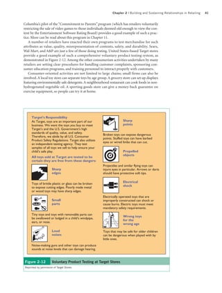 Chapter 2 | Building and Sustaining Relationships in Retailing   41


Columbia’s pilot of the “Commitment to Parents” program (which has retailers voluntarily
restricting the sale of video games to those individuals deemed old enough to view the con-
tent by the Entertainment Software Rating Board) provides a good example of such a prac-
tice. More can be read about this program in Chapter 11.
    A number of retailers have enacted their own programs to test merchandise for such
attributes as value, quality, misrepresentation of contents, safety, and durability. Sears,
Wal-Mart, and A&P are just a few of those doing testing. United States–based Target stores
provide a good example of such a comprehensive voluntary product testing system, as
demonstrated in Figure 2-12. Among the other consumerism activities undertaken by many
retailers are setting clear procedures for handling customer complaints, sponsoring con-
sumer education programs, and training personnel to interact properly with customers.
    Consumer-oriented activities are not limited to large chains; small firms can also be
involved. A local toy store can separate toys by age group. A grocery store can set up displays
featuring environmentally safe detergents. A neighbourhood restaurant can cook foods in non-
hydrogenated vegetable oil. A sporting goods store can give a money-back guarantee on
exercise equipment, so people can try it at home.




      Target’s Responsibility
      At Target, toys are an important part of our                     Sharp
      business. We want the toys you buy to meet                       points
      Target’s and the U.S. Government’s high
      standards of quality, value, and safety.
                                                         Broken toys can expose dangerous
      Therefore, we abide by all U.S. Consumer
                                                         points. Stuffed toys can have barbed
      Product Safety Regulations. Target also utilizes
                                                         eyes or wired limbs that can cut.
      an independent testing agency. They test
      samples of all toys we sell to help ensure your
      child’s safe play.                                               Propelled
                                                                       objects
      All toys sold at Target are tested to be
      certain they are free from these dangers:
                                                         Projectiles and similar flying toys can
                        Sharp                            injure eyes in particular. Arrows or darts
                        edges                            should have protective soft tips.

                                                                       Electrical
      Toys of brittle plastic or glass can be broken
                                                                       shock
      to expose cutting edges. Poorly made metal
      or wood toys may have sharp edges.
                                                         Electrically operated toys that are
                        Small                            improperly constructed can shock or
                        parts                            cause burns. Electric toys must meet
                                                         mandatory safety requirements.
      Tiny toys and toys with removable parts can
                                                                       Wrong toys
      be swallowed or lodged in a child’s windpipe,
                                                                       for the
      ears, or nose.
                                                                       wrong age

                        Loud                             Toys that may be safe for older children
                        noises                           can be dangerous when played with by
               G!




            AN                                           little ones.
         B




      Noise-making guns and other toys can produce
      sounds at noise levels that can damage hearing.


 Figure 2-12            Voluntary Product Testing at Target Stores
 Reprinted by permission of Target Stores.
 