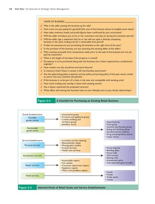 54   Part One | An Overview of Strategic Retail Management




                                    NAME OF BUSINESS
                                    Why is the seller putting the business up for sale?
                                    How much are you paying for goodwill (the cost of the business above its tangible asset value)?
                                    Have sales, inventory levels, and profit figures been confirmed by your accountant?
                                    Will the seller introduce you to his or her customers and stay on during the transition period?
                                    Will the seller sign a statement that he or she will not open a directly competing
                                    business in the same trading area for a reasonable time period?
                                    If sales are seasonal, are you purchasing the business at the right time of the year?
                                    In the purchase of the business, are you assuming the existing debts of the seller?
                                    Who receives proceeds from transactions made prior to the sale of the business but not yet
                                    paid by customers?
                                    What is the length of the lease if the property is rented?
                                    If property is to be purchased along with the business, has it been inspected by a professional
                                    engineer?
                                    How modern are the storefront and store fixtures?
                                    Is inventory fresh? Does it contain a full merchandise assortment?
                                    Are the advertising policy, customer service policy, and pricing policy of the past owner similar
                                    to yours? Can you continue old policies?
                                    If the business is to be part of a chain, is the new unit compatible with existing units?
                                    How much trading area overlap is there with existing stores?
                                    Has a lawyer examined the proposed contract?
                                    What effect will owning this business have on your lifestyle and on your family relationships?



                            Figure 3-4           A Checklist for Purchasing an Existing Retail Business




            Goods Establishments                      • Automotive group
                 Durable                              • Furniture and appliance group
               goods stores                           • Lumber, building, and
                                                        hardware group                                • Apparel group
                                                      • Jewellery stores                              • Food group
                                                                                                      • General merchandise group
                Nondurable
                                                                                                      • Eating and drinking places
                goods stores
                                                                                                      • Gasoline service stations
                                                                                                      • Drug and proprietary stores
                                                                                                      • Liquor stores
           Service Establishments                     • Laundries and dry cleaning
                                                      • Beauty/barber shops
              Personal services                       • Photographic studios
                                                      • Funeral services                              • Movie theatres
                                                      • Health care services                          • Bowling alleys
                                                                                                      • Dance halls
            Amusement services                                                                        • Golf courses
                                                                                                      • Skating rinks
                                                      • Automobile repairs                            • Amusement parks
                                                      • Car washes                                    • Coin-operated game arcades
               Repair services                        • Consumer electronics repairs
                                                      • Appliance repairs
                                                      • Watch and jewellery repairs
                                                                                                      • Hotels
               Hotel services                                                                         • Motels
                                                                                                      • Trailer parks
                                                                                                      • Camps


        Figure 3-5          Selected Kinds of Retail Goods and Service Establishments
 