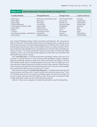 Chapter 3 | Strategic Planning in Retailing   75



 TABLE A3-3          Selected Ownership of Canadian Retailers by Foreign Firms

 Canadian Retailer                         Principal Business                   Foreign Owner                Country of Owner

 Eddie Bauer                               Mail order and specialty stores      Otto Versand Gmbh            Germany
 Radio Shack                               Electronics                          Circuit City                 United States
 Future Shop                               Electronics                          Best Buy Co.                 United States
 Thrifty’s/Bluenotes                       Causal Wear                          American Eagle               United States
 Great Atlantic & Pacific (A&P)            Supermarkets                         Tengelmann                   Germany
 LensCrafters                              Optical stores                       Luxottica                    Italy
 Motel 6                                   Economy motels                       Accor                        France
 7-Eleven                                  Convenience stores                   Ito-Yokado                   Japan
 Gap, Banana Republic, and Old Navy        Causal Wear                          Gap, Inc.                    United States
 Home Depot                                Building Supplies                    Home Depot                   United Statesn


New Zealand, Philippines, Russia, Turkey, Venezuela, and Yugoslavia. The restaurants in
India are distinctive: “McDonald’s worked with its local Indian partners to adapt the menu
to local tastes and needs. As the old advertising jingle goes, the ‘Maharaja Mac’ is made of ‘two
all lamb patties, special sauce, lettuce, cheese, pickles, onions on a sesame seed bun.’ The fa-
mous sandwich’s main ingredient, beef, was replaced out of respect for the local Hindu pop-
ulation of India.”15 In Canada, McDonald’s opened its first outlet in Richmond, British
Columbia, in 1967. This was its first foreign expansion. By 2004, there were more than 1300
McDonald’s Restaurants in Canada.
    Ikea (www.ikea.com) is a Swedish-based home-furnishings retailer with stores in 35
countries. In Canada, Ikea has 11 stores in Boucherville, Burlington, Calgary, Coquitlam,
Edmonton, Etobicoke, Montreal, North York, Ottawa, Richmond, and Vaughan. The firm
offers durable, stylish, ready-to-assemble furniture at low prices. Stores are huge, have enor-
mous selections, include a playroom for children, and have other amenities. Today, Ikea gen-
erates 93 percent of its sales from international operations, and 13 percent of total company
sales (more than $1 billion per year) are from its U.S. stores.
    Body Shop International (www.the-body-shop.com) is a British-based chain that sells
natural cosmetics and lotions that “cleanse, beautify, and soothe the human form.” There
are 1900 Body Shop stores in 50 countries, including Canada. The firm has more than 111
stores in Canada, with more than $130 million in sales. The first store was opened in 1980.
In 2004, Body Shop Canada was sold to Body Shop International.
    Table A3-3 shows some examples of Canadian-based retailers owned by foreign firms.
 