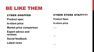 BE LIKE THEM
CYBER SHOPPER
Product spec
In-store price
Market price comparison
Expert advice and
reviews
Social feedback
Latest news
CYBER STORE STAFF???
Product Spec
In-store price
….
…
…
 