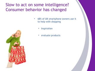 Slow to act on some intelligence?  Consumer behavior has changed 68% of UK smartphone owners use it to help with shopping  Inspiration evaluate products 