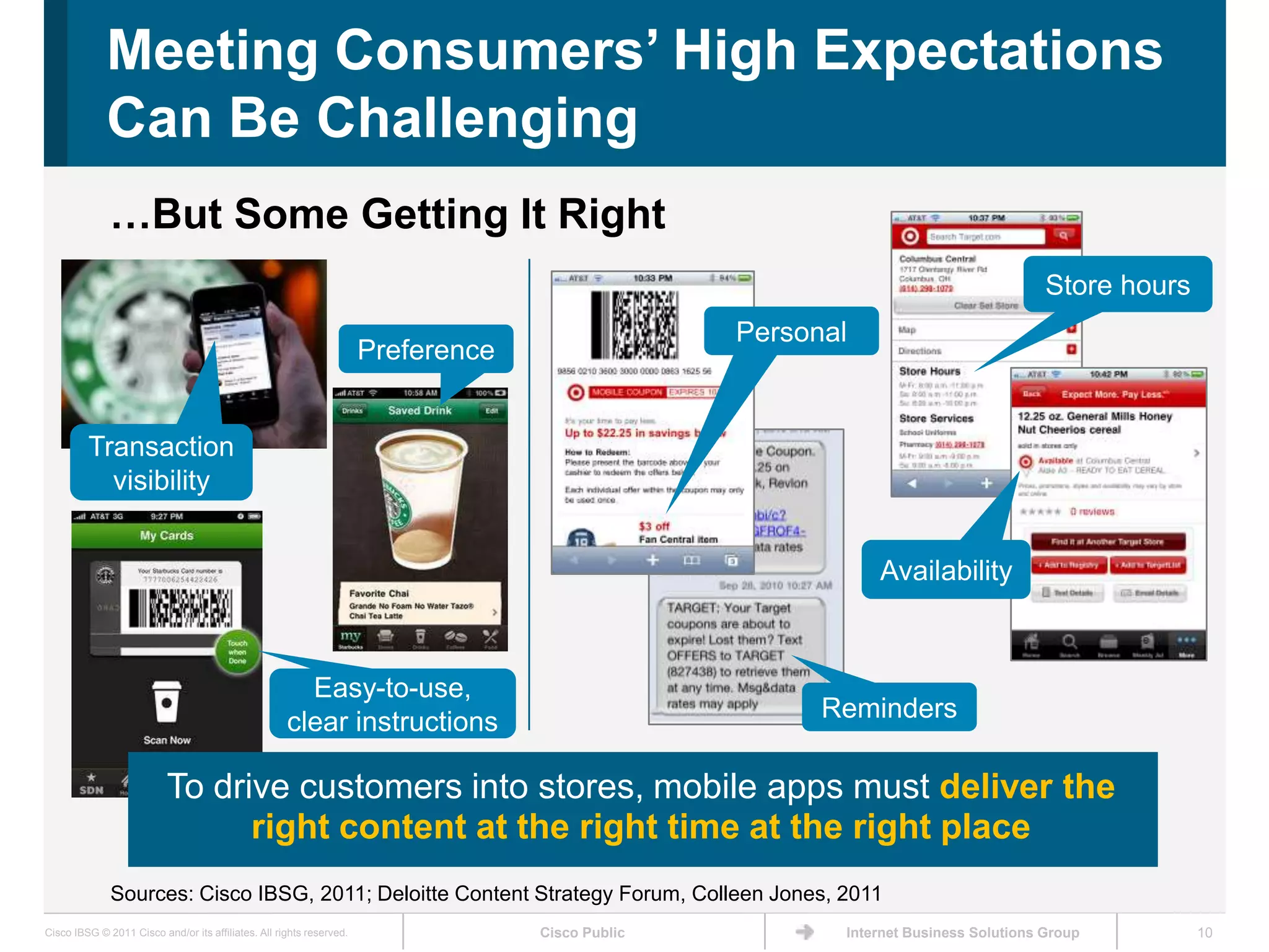 Meeting Consumers’ High Expectations
             Can Be Challenging
              …But Some Getting It Right
                                                                                                                                     Store hours
                                                                                                  Personal
                                                                      Preference


         Transaction
           visibility


                                                                                                             Availability



                                                       Easy-to-use,
                                                     clear instructions                                 Reminders

                          To drive customers into stores, mobile apps must deliver the
                                right content at the right time at the right place
              Sources: Cisco IBSG, 2011; Deloitte Content Strategy Forum, Colleen Jones, 2011
Cisco IBSG © 2011 Cisco and/or its affiliates. All rights reserved.                Cisco Public          Internet Business Solutions Group         10
 