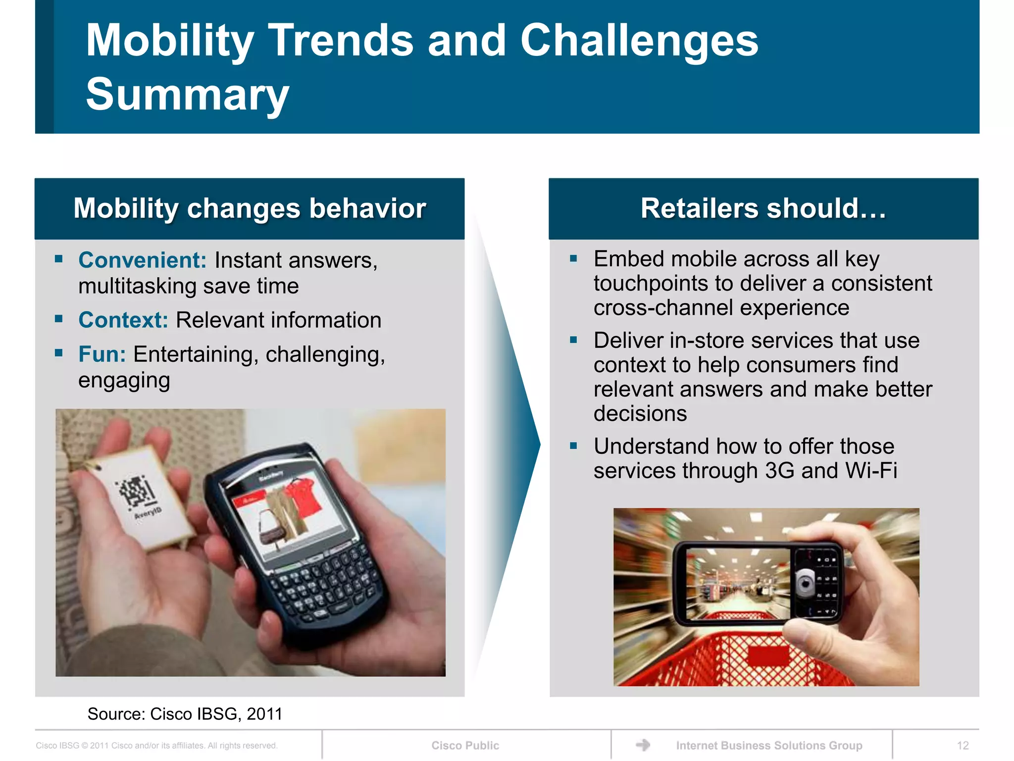 Mobility Trends and Challenges
             Summary

          Mobility changes behavior                                                         Retailers should…
     Convenient: Instant answers,                                                    Embed mobile across all key
           multitasking save time                                                      touchpoints to deliver a consistent
                                                                                       cross-channel experience
     Context: Relevant information
                                                                                      Deliver in-store services that use
     Fun: Entertaining, challenging,                                                  context to help consumers find
           engaging                                                                    relevant answers and make better
                                                                                       decisions
                                                                                      Understand how to offer those
                                                                                       services through 3G and Wi-Fi




              Source: Cisco IBSG, 2011
Cisco IBSG © 2011 Cisco and/or its affiliates. All rights reserved.   Cisco Public             Internet Business Solutions Group   12
 