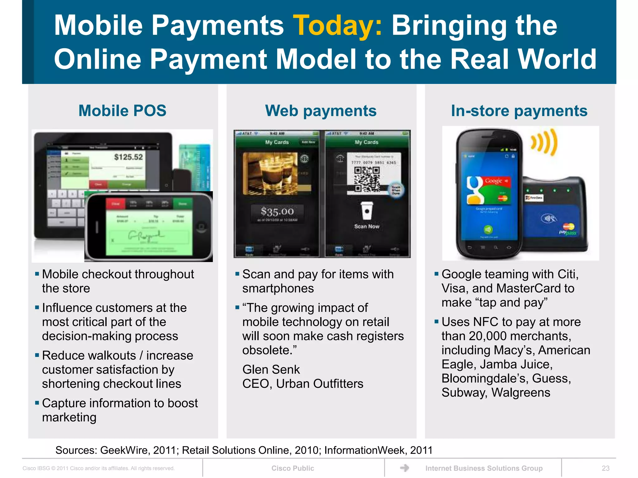 Mobile Payments Today: Bringing the
             Online Payment Model to the Real World
                        Mobile POS                                         Web payments                        In-store payments




      Mobile checkout throughout                                      Scan and pay for items with        Google teaming with Citi,
       the store                                                        smartphones                         Visa, and MasterCard to
      Influence customers at the                                      ―The growing impact of              make ―tap and pay‖
       most critical part of the                                        mobile technology on retail        Uses NFC to pay at more
       decision-making process                                          will soon make cash registers       than 20,000 merchants,
      Reduce walkouts / increase                                       obsolete.‖                          including Macy’s, American
       customer satisfaction by                                        Glen Senk                            Eagle, Jamba Juice,
       shortening checkout lines                                       CEO, Urban Outfitters                Bloomingdale’s, Guess,
                                                                                                            Subway, Walgreens
      Capture information to boost
       marketing

              Sources: GeekWire, 2011; Retail Solutions Online, 2010; InformationWeek, 2011
Cisco IBSG © 2011 Cisco and/or its affiliates. All rights reserved.         Cisco Public                Internet Business Solutions Group   23
 
