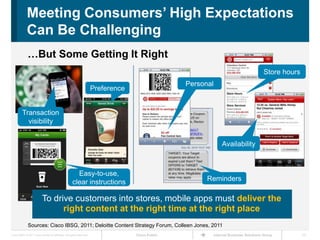 Meeting Consumers’ High Expectations
             Can Be Challenging
              …But Some Getting It Right
                                                                                                                                     Store hours
                                                                                                  Personal
                                                                      Preference


         Transaction
           visibility


                                                                                                             Availability



                                                       Easy-to-use,
                                                     clear instructions                                 Reminders

                          To drive customers into stores, mobile apps must deliver the
                                right content at the right time at the right place
              Sources: Cisco IBSG, 2011; Deloitte Content Strategy Forum, Colleen Jones, 2011
Cisco IBSG © 2011 Cisco and/or its affiliates. All rights reserved.                Cisco Public          Internet Business Solutions Group         10
 