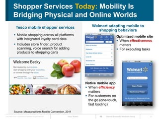 Shopper Services Today: Mobility Is
             Bridging Physical and Online Worlds
                 Tesco mobile shopper services                                           Walmart adapting mobile to
                                                                                            shopping behaviors
               Mobile shopping across all platforms                                                         Optimized mobile site
                with integrated loyalty card data
                                                                                                              When effectiveness
               Includes store finder, product                                                                 matters
                scanning, voice search for adding                                                             For executing tasks
                products to shopping carts




                                                                                     Native mobile app
                                                                                      When efficiency
                                                                                       matters
                                                                                      For customers on
                                                                                       the go (one-touch,
                                                                                       fast loading)

              Source: MeasureWorks Mobile Convention, 2011
Cisco IBSG © 2011 Cisco and/or its affiliates. All rights reserved.   Cisco Public                Internet Business Solutions Group   21
 