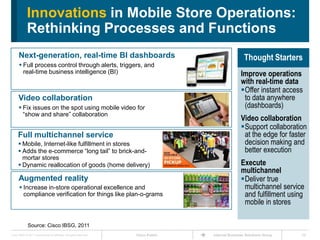 Innovations in Mobile Store Operations:
             Rethinking Processes and Functions
      Next-generation, real-time BI dashboards                                                        Thought Starters
       Full process control through alerts, triggers, and
        real-time business intelligence (BI)                                                        Improve operations
                                                                                                    with real-time data
                                                                                                    Offer instant access
      Video collaboration                                                                            to data anywhere
       Fix issues on the spot using mobile video for                                                (dashboards)
        ―show and share‖ collaboration
                                                                                                    Video collaboration
                                                                                                    Support collaboration
     Full multichannel service                                                                       at the edge for faster
       Mobile, Internet-like fulfillment in stores                                                  decision making and
       Adds the e-commerce ―long tail‖ to brick-and-                                                better execution
        mortar stores
       Dynamic reallocation of goods (home delivery)                                               Execute
                                                                                                    multichannel
      Augmented reality                                                                             Deliver true
       Increase in-store operational excellence and                                                 multichannel service
        compliance verification for things like plan-o-grams                                         and fulfillment using
                                                                                                     mobile in stores

              Source: Cisco IBSG, 2011
Cisco IBSG © 2011 Cisco and/or its affiliates. All rights reserved.   Cisco Public   Internet Business Solutions Group   26
 