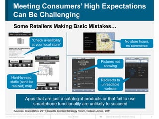 Meeting Consumers’ High Expectations
             Can Be Challenging
              Some Retailers Making Basic Mistakes…

                                             ―Check availability                                              No store hours,
                                             at your local store‖                                              no commerce



                                                                                     Pictures not
                                                                                       showing


         Hard-to-read,
        static (can’t be                                                             Redirects to
         resized) map                                                                unreadable
                                                                                      website

                                  Apps that are just a catalog of products or that fail to use
                                     smartphone functionality are unlikely to succeed
              Sources: Cisco IBSG, 2011; Deloitte Content Strategy Forum, Colleen Jones, 2011

Cisco IBSG © 2011 Cisco and/or its affiliates. All rights reserved.   Cisco Public       Internet Business Solutions Group      9
 