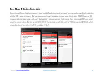 © RapidValue Solutions 
16 
Case Study 2: Caritas Home care 
Boston-based home healthcare agency used mobile health devices to enhance communications and data collection with its 150 mobile clinicians. Caritas documented how the mobile devices were able to save 19,200 hours or 98 hours per clinicians per year. Although Caritas didn’t release salaries of clinicians, if we estimated $50/hour, which would be conservative, Caritas saved $960,000. If the devices were $100 each for 150 clinicians at $15,000, which would also be conservative, the ROI would be 64-to-1. 
Source: themobileretailblog  