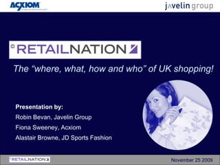 The “where, what, how and who” of UK shopping!



Presentation by:
Robin Bevan, Javelin Group
Fiona Sweeney, Acxiom
Alastair Browne, JD Sports Fashion


                                     November 25 2009
 