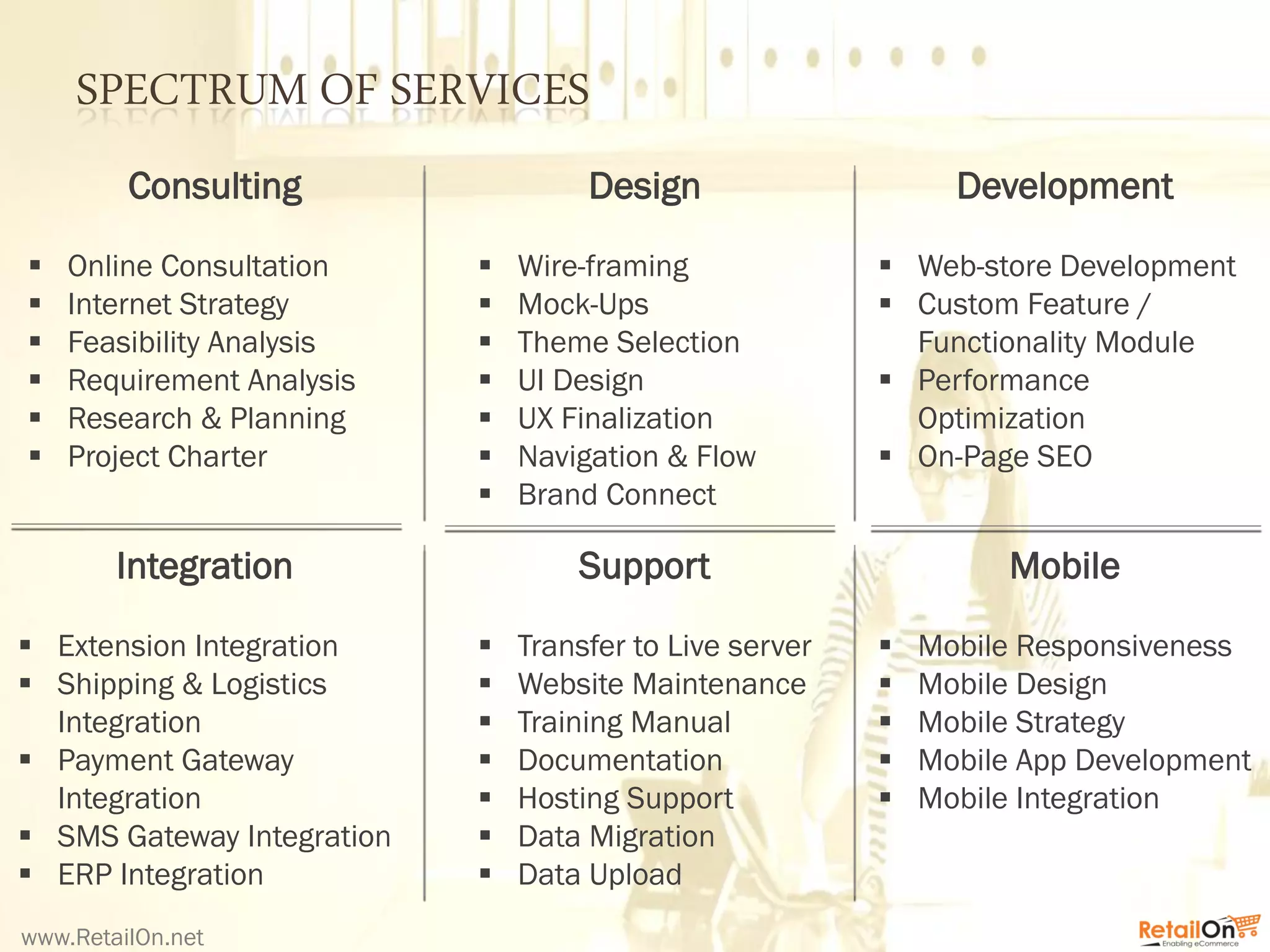 SPECTRUM OF SERVICES
Consulting
 Online Consultation
 Internet Strategy
 Feasibility Analysis
 Requirement Analysis
 Research & Planning
 Project Charter
Design
 Wire-framing
 Mock-Ups
 Theme Selection
 UI Design
 UX Finalization
 Navigation & Flow
 Brand Connect
Development
 Web-store Development
 Custom Feature /
Functionality Module
 Performance
Optimization
 On-Page SEO
Integration
 Extension Integration
 Shipping & Logistics
Integration
 Payment Gateway
Integration
 SMS Gateway Integration
 ERP Integration
Support
 Transfer to Live server
 Website Maintenance
 Training Manual
 Documentation
 Hosting Support
 Data Migration
 Data Upload
Mobile
 Mobile Responsiveness
 Mobile Design
 Mobile Strategy
 Mobile App Development
 Mobile Integration
www.RetailOn.net
 