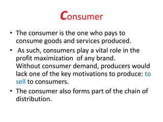 Consumer
• The consumer is the one who pays to
consume goods and services produced.
• As such, consumers play a vital role in the
profit maximization of any brand.
Without consumer demand, producers would
lack one of the key motivations to produce: to
sell to consumers.
• The consumer also forms part of the chain of
distribution.
 