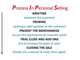 Process In Personal Selling
GREETING
(welcome the customer)
PROBING
(putting a right question to the customer)
PRESENT THE MERCHANDISE
(as per the requirement of customer need)
TRIAL CLOSE AND ADD ONS
(try to increase the point of sale)
CLOSING THE SALE
(thanks the customer & invite them again)
 