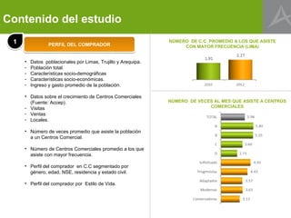 Contenido del estudio
 1               PERFIL DEL COMPRADOR
                                                               NÚMERO DE C.C PROMEDIO A LOS QUE ASISTE
                                                                    CON MAYOR FRECUENCIA (LIMA)


     •   Datos poblacionales por Limas, Trujillo y Arequipa.
     -   Población total.
     -   Características socio-demográficas
     -   Características socio-económicas.
     -   Ingreso y gasto promedio de la población.

     • Datos sobre el crecimiento de Centros Comerciales
       (Fuente: Accep).                                        NÚMERO DE VECES AL MES QUE ASISTE A CENTROS
     - Visitas                                                               COMERCIALES
     - Ventas
     - Locales.

     • Número de veces promedio que asiste la población
       a un Centros Comercial.

     • Número de Centros Comerciales promedio a los que
       asiste con mayor frecuencia.

     • Perfil del comprador en C.C segmentado por
       género, edad, NSE, residencia y estado civil.

     • Perfil del comprador por Estilo de Vida.
 