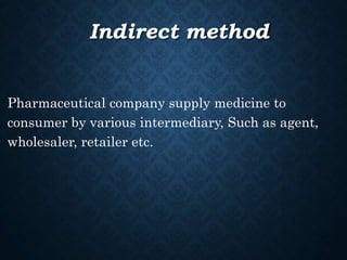 Indirect method
Pharmaceutical company supply medicine to
consumer by various intermediary, Such as agent,
wholesaler, retailer etc.
 