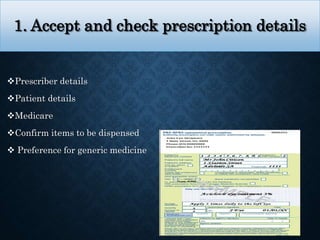 1. Accept and check prescription details
Prescriber details
Patient details
Medicare
Confirm items to be dispensed
 Preference for generic medicine
 