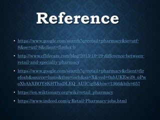 Reference
• https://www.google.com/search?q=retail+pharmacy&ie=utf-
8&oe=utf-8&client=firefox-b
• http://www.cflifecare.com/blog/2015-10-19-difference-between-
retail-and-specialty-pharmacy
• https://www.google.com/search?q=retail+pharmacy&client=fir
efoxb&source=lnms&tbm=isch&sa=X&ved=0ahUKEwif8_uPw
oXbAhXBOY8KHThaDLEQ_AUICigB&biw=1366&bih=657
• https://en.wiktionary.org/wiki/retail_pharmacy
• https://www.indeed.com/q-Retail-Pharmacy-jobs.html
 