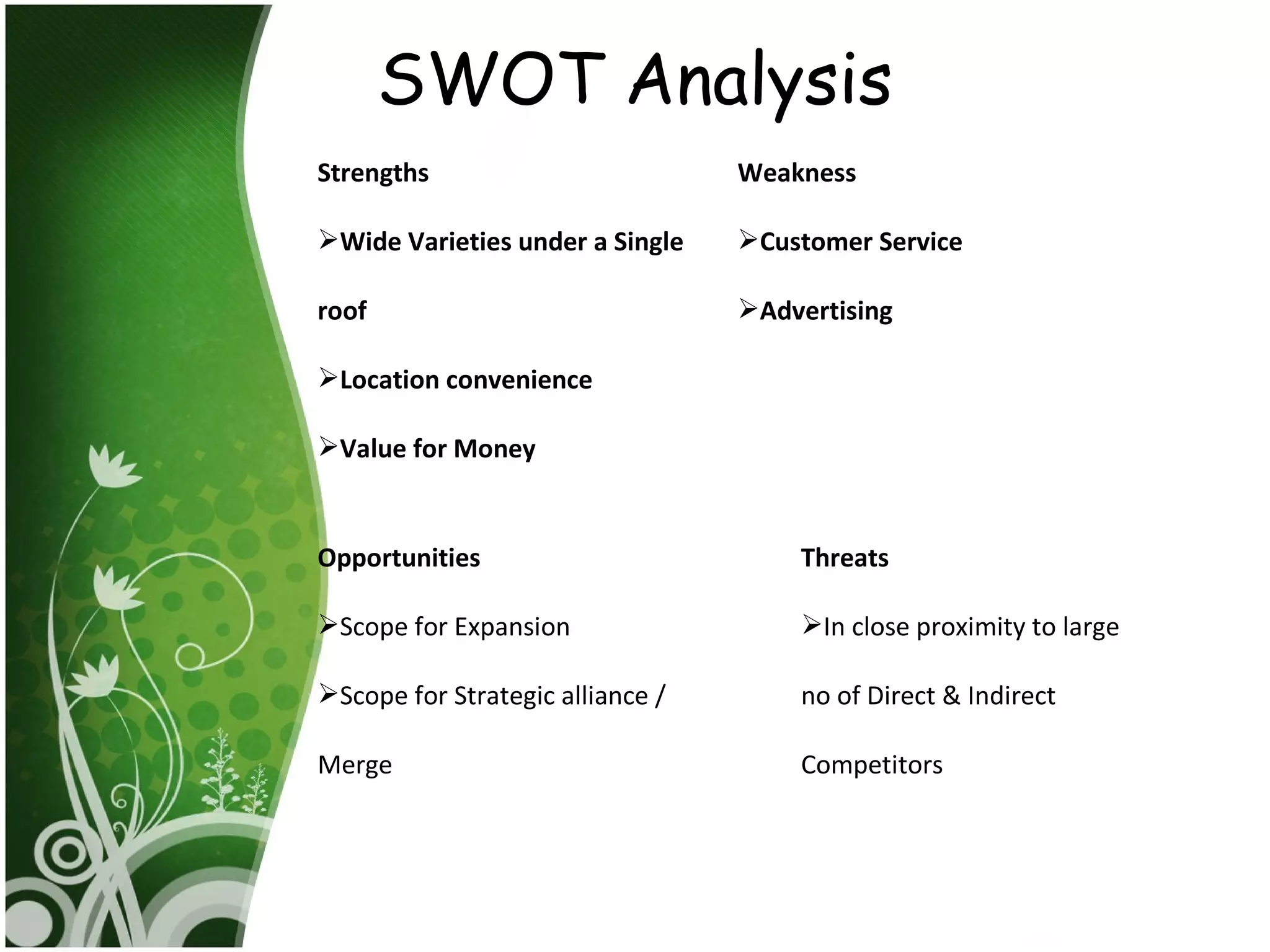 SWOT Analysis
Strengths                         Weakness

Wide Varieties under a Single    Customer Service

roof                              Advertising

Location convenience

Value for Money


Opportunities                         Threats

Scope for Expansion                  In close proximity to large

Scope for Strategic alliance /       no of Direct & Indirect

Merge                                 Competitors
 