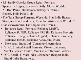• RP-Sanjiv Goenka Group Retail-Formats:
  Spencer’s Hyper, Spencer's Daily, Music World,
  Au Bon Pain (International bakery cafeteria),
  Beverly Hills Polo Club
• The Tata Group-Formats: Westside, Star India Bazaar,
  Steel junction, Landmark, Titan Industries with World of
Titans showrooms, Tanishq outlets, Croma.
• Reliance Retail-Formats: Reliance MART,
    Reliance SUPER, Reliance FRESH, Reliance Footprint,
    Reliance Living, Reliance Digital, Reliance Jewellery,
    Reliance Trends, Reliance AutoZone, iStore
• Next retail India Ltd (ConsumerElectronics)
• Vivek Limited Retail Formats: Viveks, Jainsons,
   Viveks Service Centre, Viveks Safe Deposit Lockers
• PGC Retail -T-Mart India , Switcher, Respect India,
   Grand India Bazaar,etc.,
 