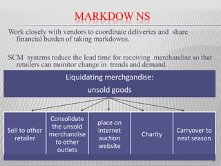 MARKDOW NS
Work closely with vendors to coordinate deliveries and share
financial burden of taking markdowns.
SCM systems reduce the lead time for receiving merchandise so that
retailers can monitor change in trends and demand.
Liquidating merchgandise:
unsold goods
Sell to other
retailer
Consolidate
the unsold
merchandise
to other
outlets
place on
internet
auction
website
Charity
Carryover to
next season
16
 