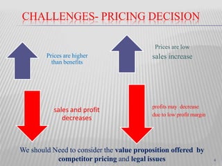 CHALLENGES- PRICING DECISION
Prices are higher
than benefits
sales and profit
decreases
Prices are low
sales increase
profits may decrease
due to low profit margin
We should Need to consider the value proposition offered by
competitor pricing and legal issues 4
 