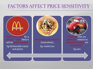 FACTORS AFFECT PRICE SENSITIVITY
More substitutes for a
product, more likely it
will be price sensitive.
Eg McDonalds meals
and petrol
Necessities are inelastic
(insensitive),
Eg medicines
Products that are
expensive relative to
consumer income are
price elastic .
Eg cars
7
 