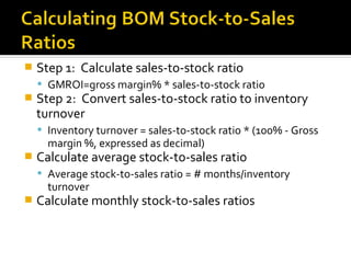    Step 1: Calculate sales-to-stock ratio
     GMROI=gross margin% * sales-to-stock ratio
   Step 2: Convert sales-to-stock ratio to inventory
    turnover
     Inventory turnover = sales-to-stock ratio * (100% - Gross
      margin %, expressed as decimal)
   Calculate average stock-to-sales ratio
     Average stock-to-sales ratio = # months/inventory
      turnover
   Calculate monthly stock-to-sales ratios
 