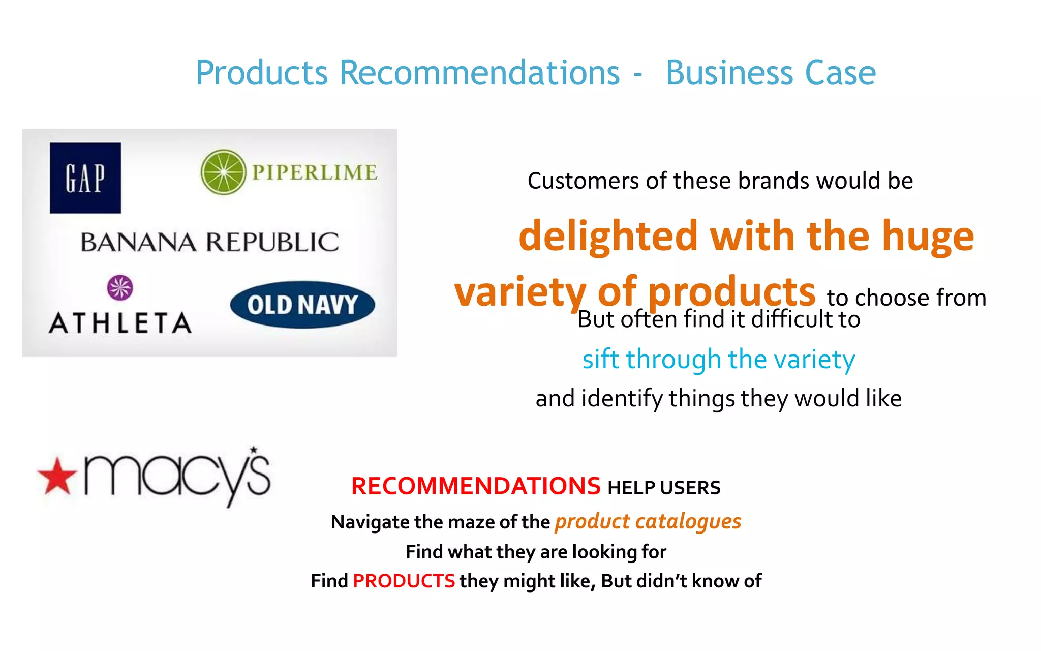 P. 4
Customers of these brands would be
delighted with the huge
variety of products to choose from
But often find it difficult to
sift through the variety
and identify things they would like
RECOMMENDATIONS HELP USERS
Navigate the maze of the product catalogues
Find what they are looking for
Find PRODUCTS they might like, But didn’t know of
Products Recommendations - Business Case
 
