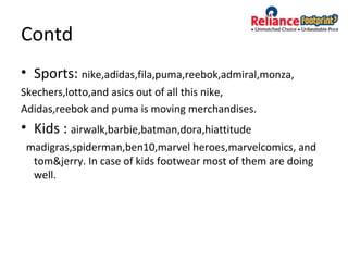 Contd
• Sports: nike,adidas,fila,puma,reebok,admiral,monza,
Skechers,lotto,and asics out of all this nike,
Adidas,reebok and puma is moving merchandises.
• Kids : airwalk,barbie,batman,dora,hiattitude
madigras,spiderman,ben10,marvel heroes,marvelcomics, and
tom&jerry. In case of kids footwear most of them are doing
well.
 