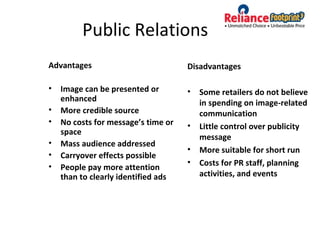 Public Relations
Advantages
• Image can be presented or
enhanced
• More credible source
• No costs for message’s time or
space
• Mass audience addressed
• Carryover effects possible
• People pay more attention
than to clearly identified ads
Disadvantages
• Some retailers do not believe
in spending on image-related
communication
• Little control over publicity
message
• More suitable for short run
• Costs for PR staff, planning
activities, and events
 