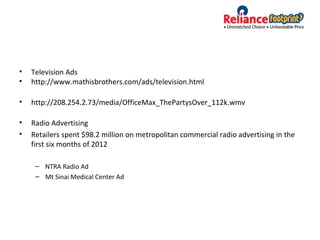• Television Ads
• http://www.mathisbrothers.com/ads/television.html
• http://208.254.2.73/media/OfficeMax_ThePartysOver_112k.wmv
• Radio Advertising
• Retailers spent $98.2 million on metropolitan commercial radio advertising in the
first six months of 2012
– NTRA Radio Ad
– Mt Sinai Medical Center Ad
 