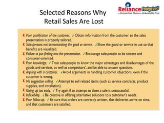 Selected Reasons Why
Retail Sales Are Lost
 