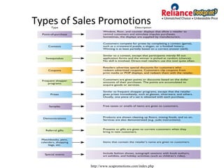 Types of Sales Promotions
http://www.scapromotions.com/index.php
 