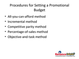 Procedures for Setting a Promotional
Budget
• All-you-can-afford method
• Incremental method
• Competitive parity method
• Percentage-of-sales method
• Objective-and-task method
 